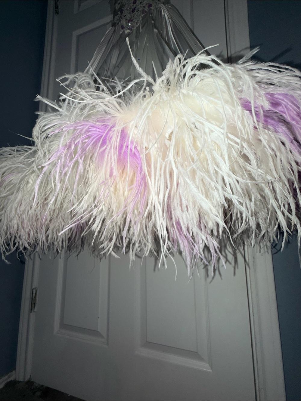 Ivory ostrich Feather-Trim Satin Maxi Dress with Lilac Accents - Picture 2 of 5